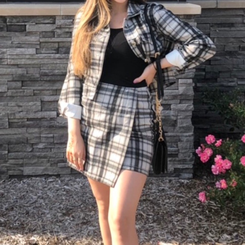 denim jacket and denim skirt two-piece check print